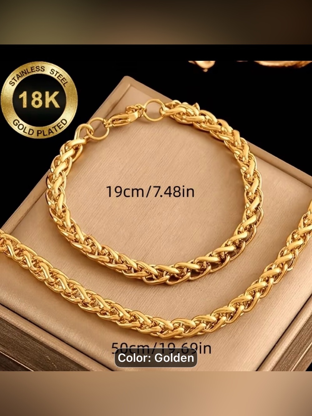 18k 2PC gold platedKeel-Hypoallergenic Rope Chain Necklace & Bracelet Set-men/wo